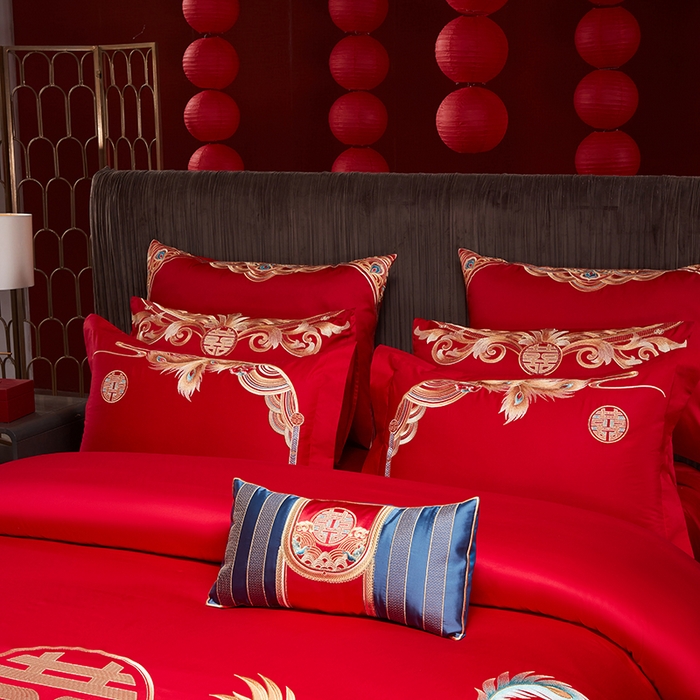 91家纺网 家纺一手货源 找家纺 用心 2025年新款长绒棉重工绣花婚庆四件套多件套 龙凤禧绣