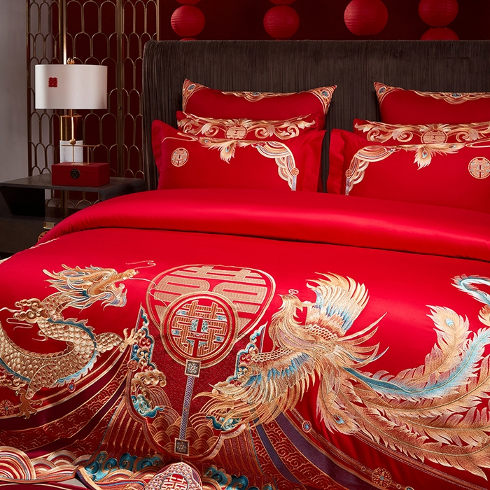 91家纺网 家纺一手货源 找家纺 用心 2025年新款长绒棉重工绣花婚庆四件套多件套 龙凤禧绣