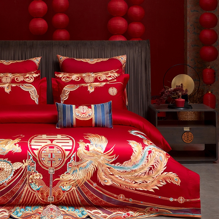 91家纺网 家纺一手货源 找家纺 用心 2025年新款长绒棉重工绣花婚庆四件套多件套 龙凤禧绣