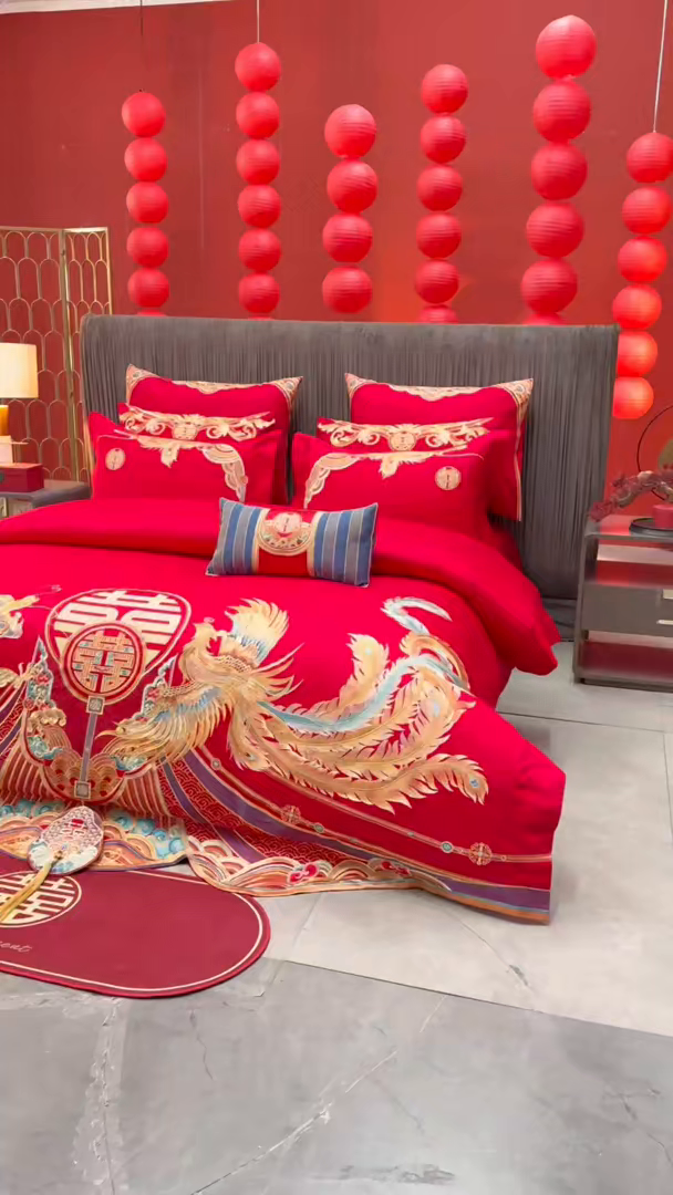 91家纺网 家纺一手货源 找家纺 用心 2025年新款长绒棉重工绣花婚庆四件套多件套 龙凤禧绣