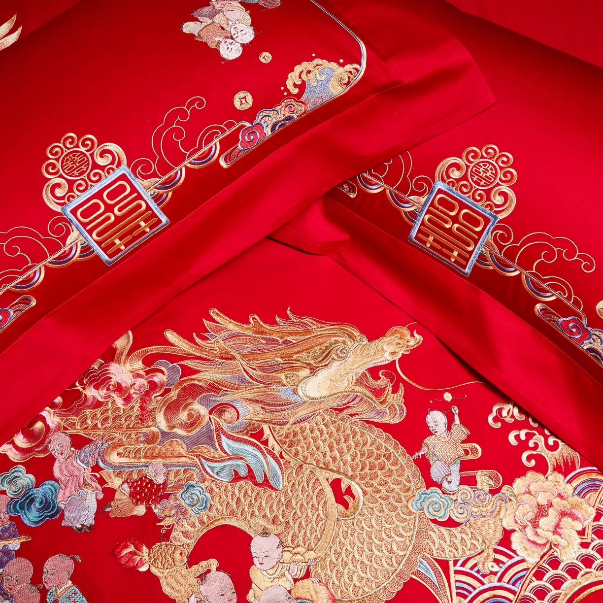 91家纺网 家纺一手货源 找家纺 用心 2025年新款长绒棉重工绣花婚庆四件套多件套 龙凤百子