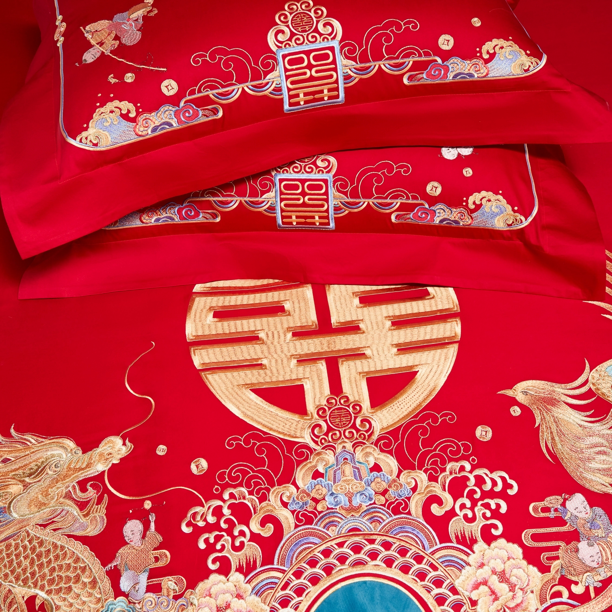 91家纺网 家纺一手货源 找家纺 用心 2025年新款长绒棉重工绣花婚庆四件套多件套 龙凤百子