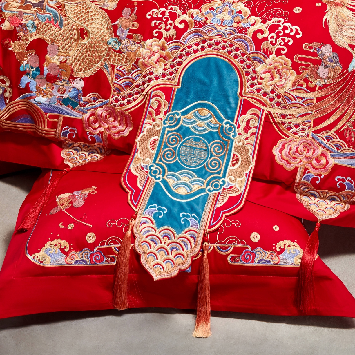 91家纺网 家纺一手货源 找家纺 用心 2025年新款长绒棉重工绣花婚庆四件套多件套 龙凤百子