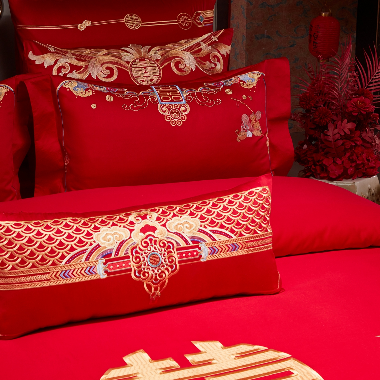 91家纺网 家纺一手货源 找家纺 用心 2025年新款长绒棉重工绣花婚庆四件套多件套 龙凤百子