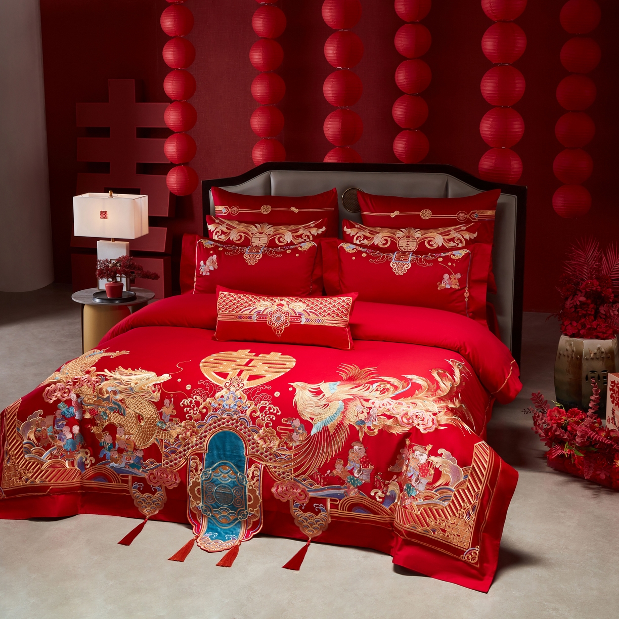 91家纺网 家纺一手货源 找家纺 用心 2025年新款长绒棉重工绣花婚庆四件套多件套 龙凤百子