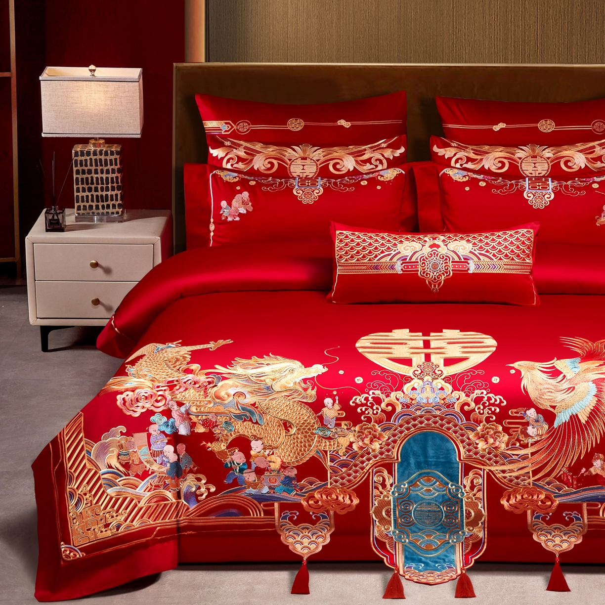 91家纺网 家纺一手货源 找家纺 用心 2025年新款长绒棉重工绣花婚庆四件套多件套 龙凤百子