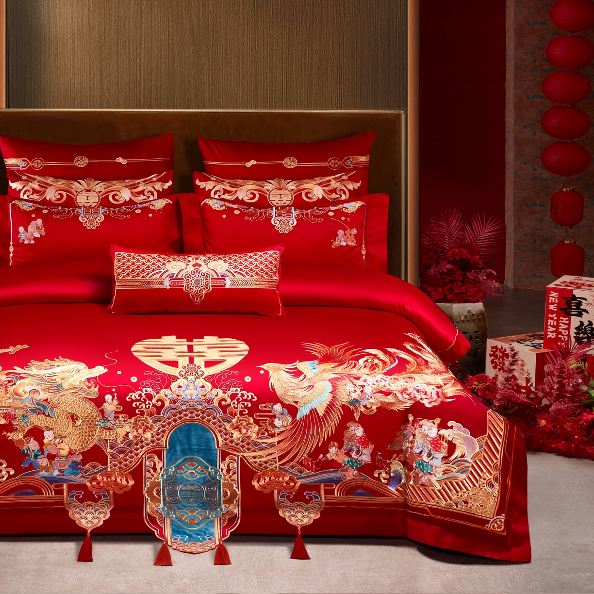 91家纺网 家纺一手货源 找家纺 用心 2025年新款长绒棉重工绣花婚庆四件套多件套 龙凤百子