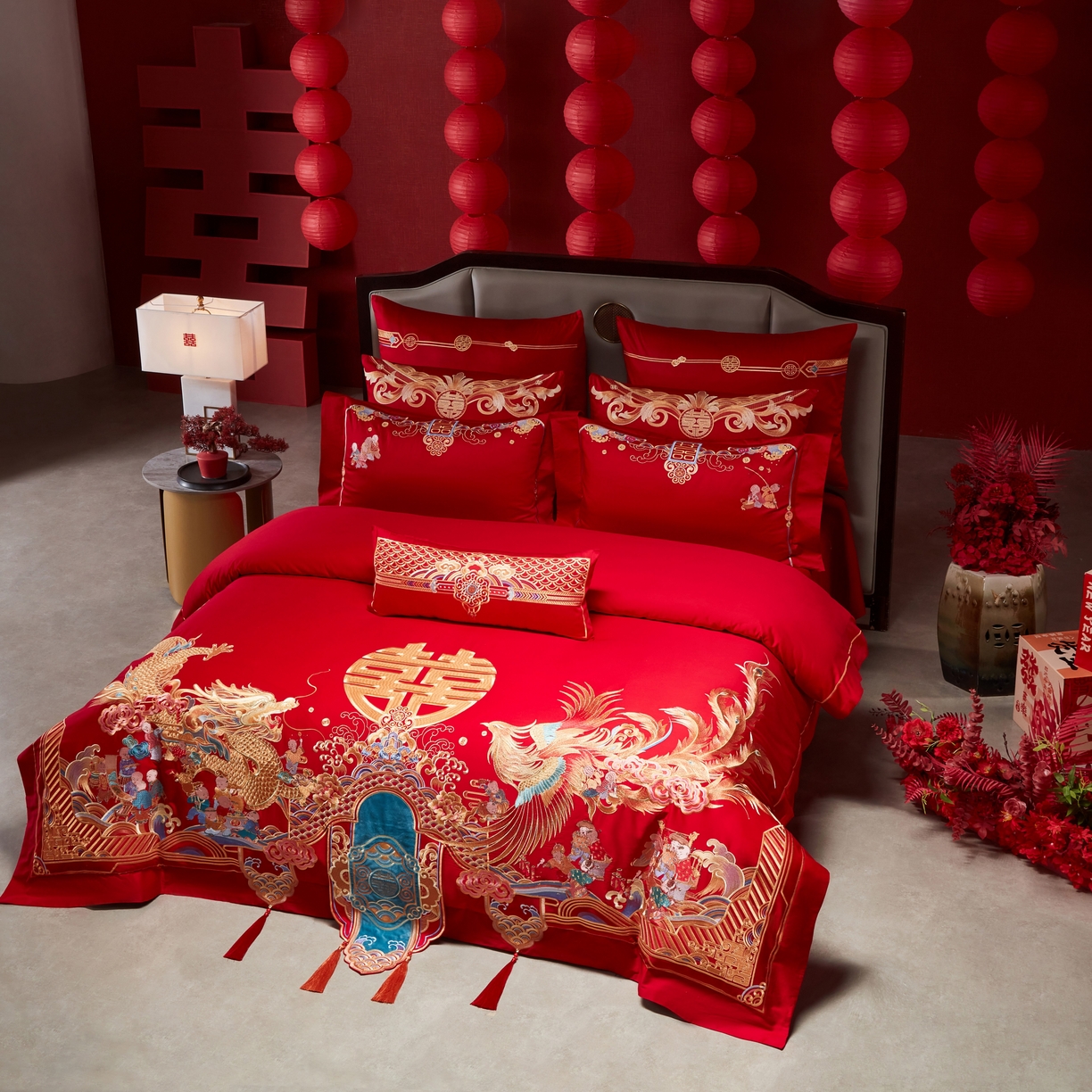 91家纺网 家纺一手货源 找家纺 用心 2025年新款长绒棉重工绣花婚庆四件套多件套 龙凤百子