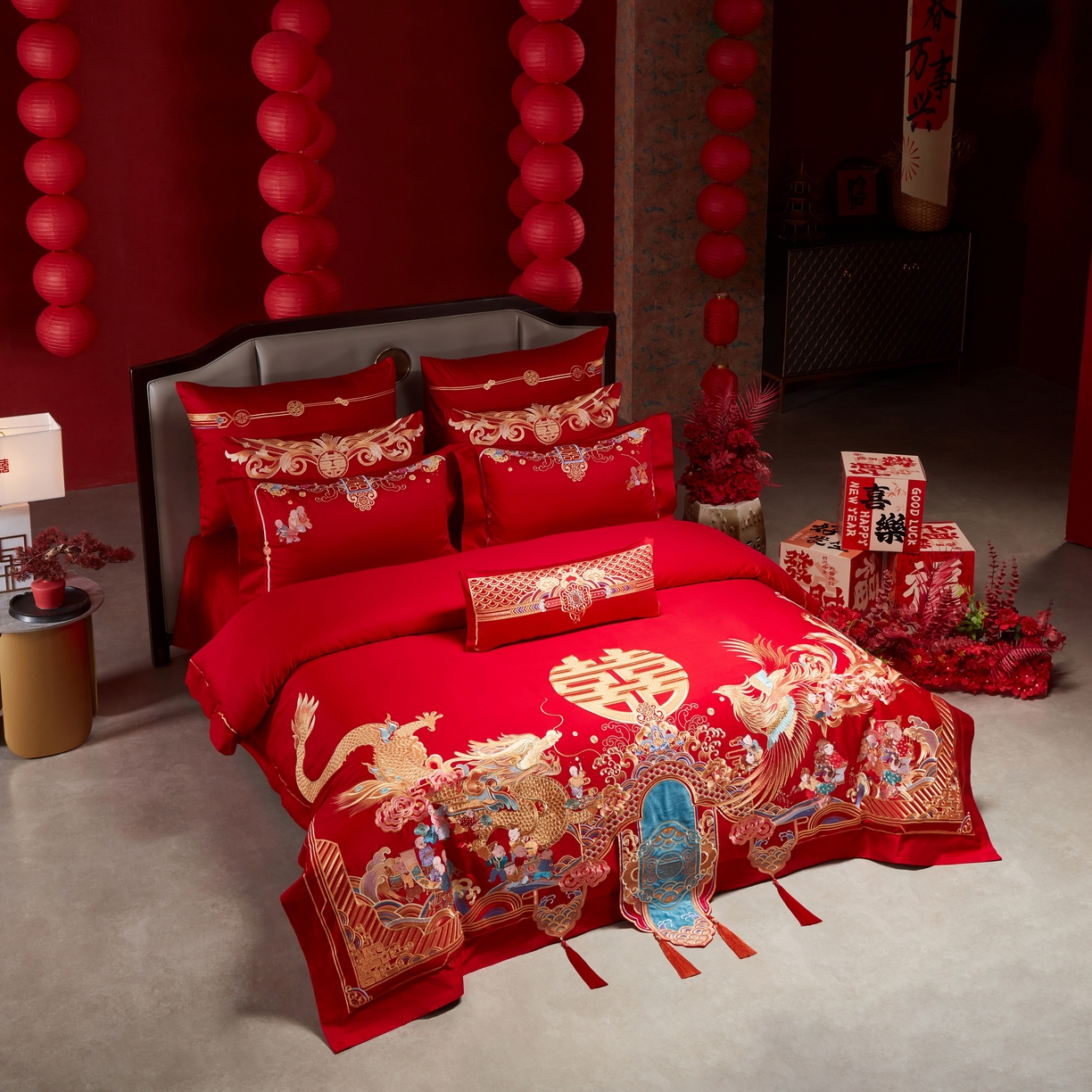 91家纺网 家纺一手货源 找家纺 用心 2025年新款长绒棉重工绣花婚庆四件套多件套 龙凤百子