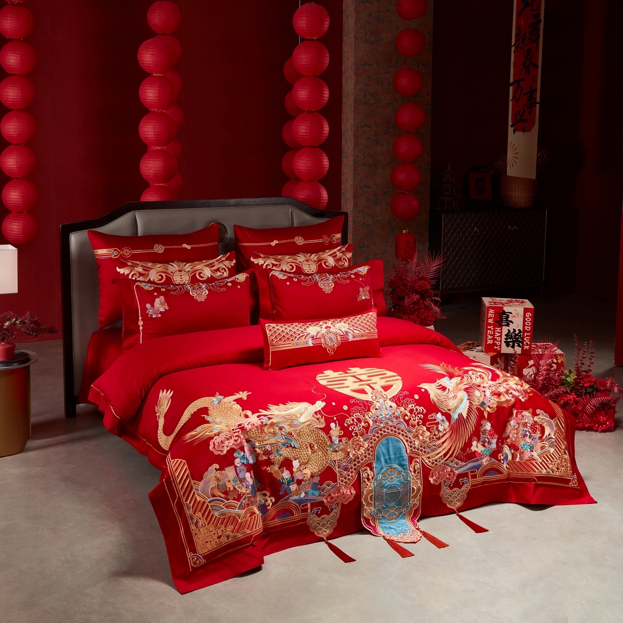 91家纺网 家纺一手货源 找家纺 用心 2025年新款长绒棉重工绣花婚庆四件套多件套 龙凤百子