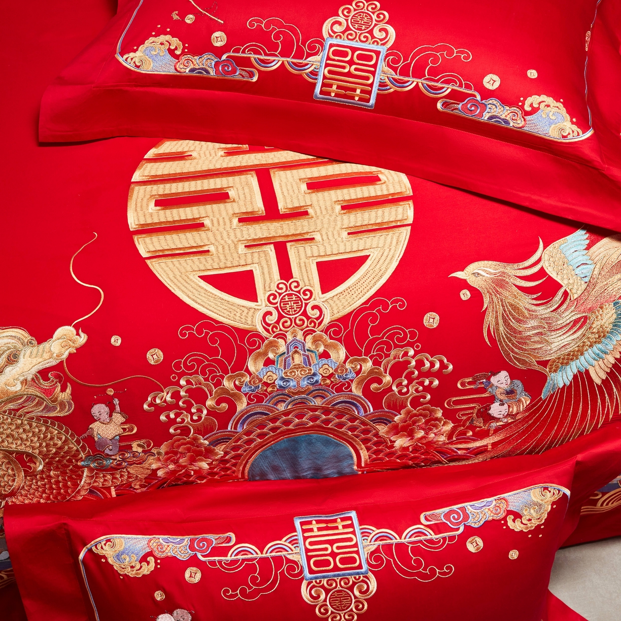 91家纺网 家纺一手货源 找家纺 用心 2025年新款长绒棉重工绣花婚庆四件套多件套 龙凤百子