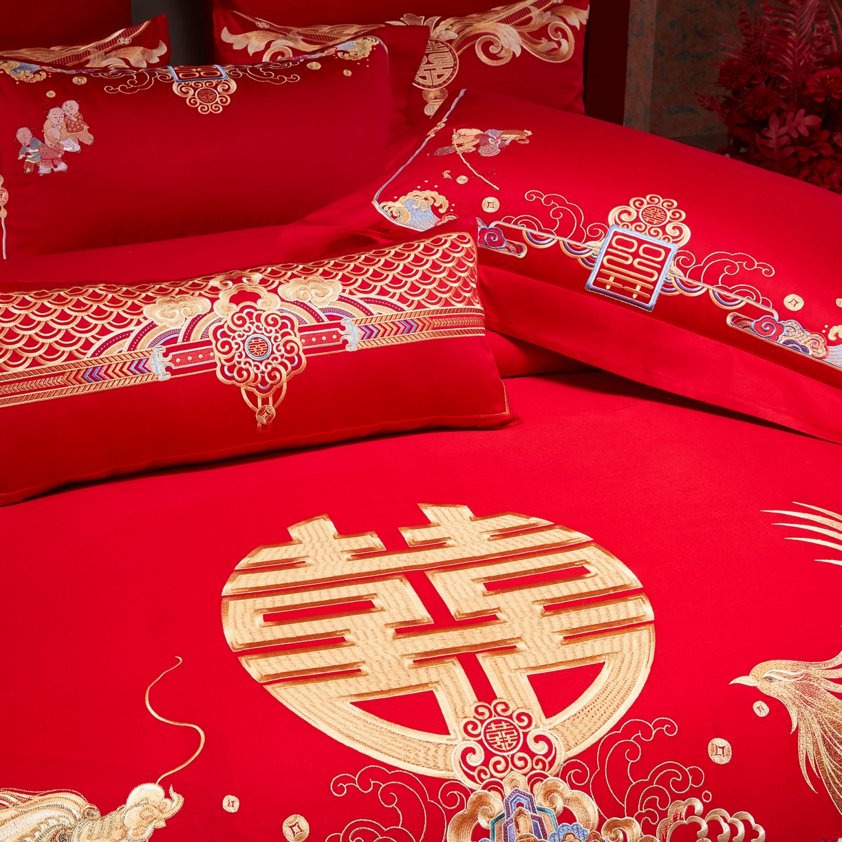 91家纺网 家纺一手货源 找家纺 用心 2025年新款长绒棉重工绣花婚庆四件套多件套 龙凤百子