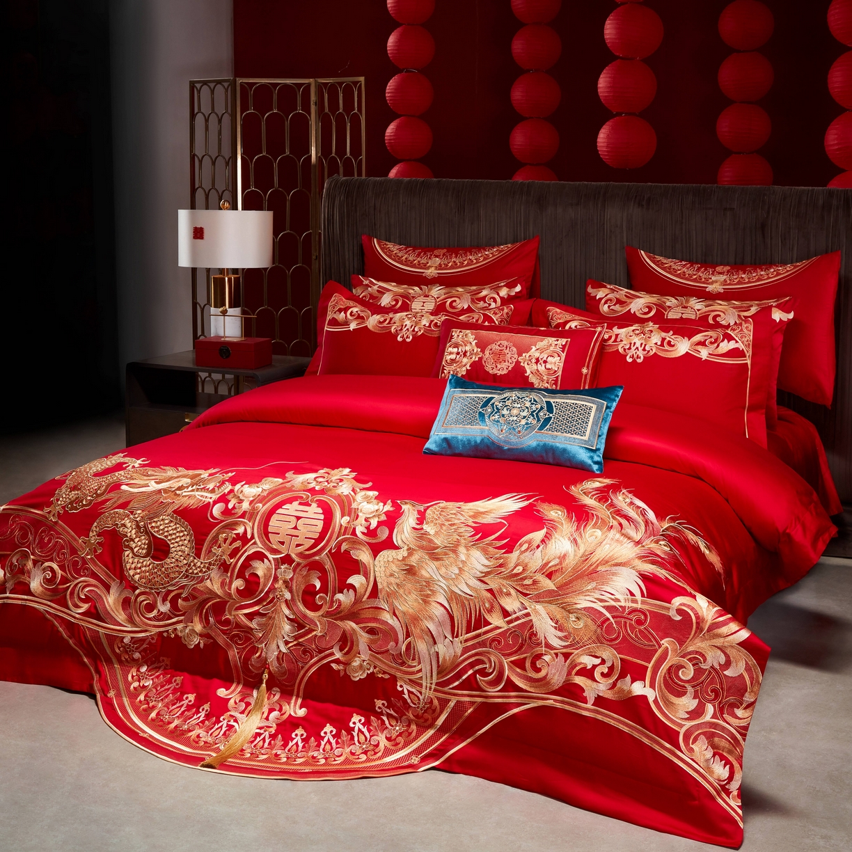 91家纺网 家纺一手货源 找家纺 用心 2025年新款长绒棉重工绣花婚庆四件套多件套 龙凤九霄