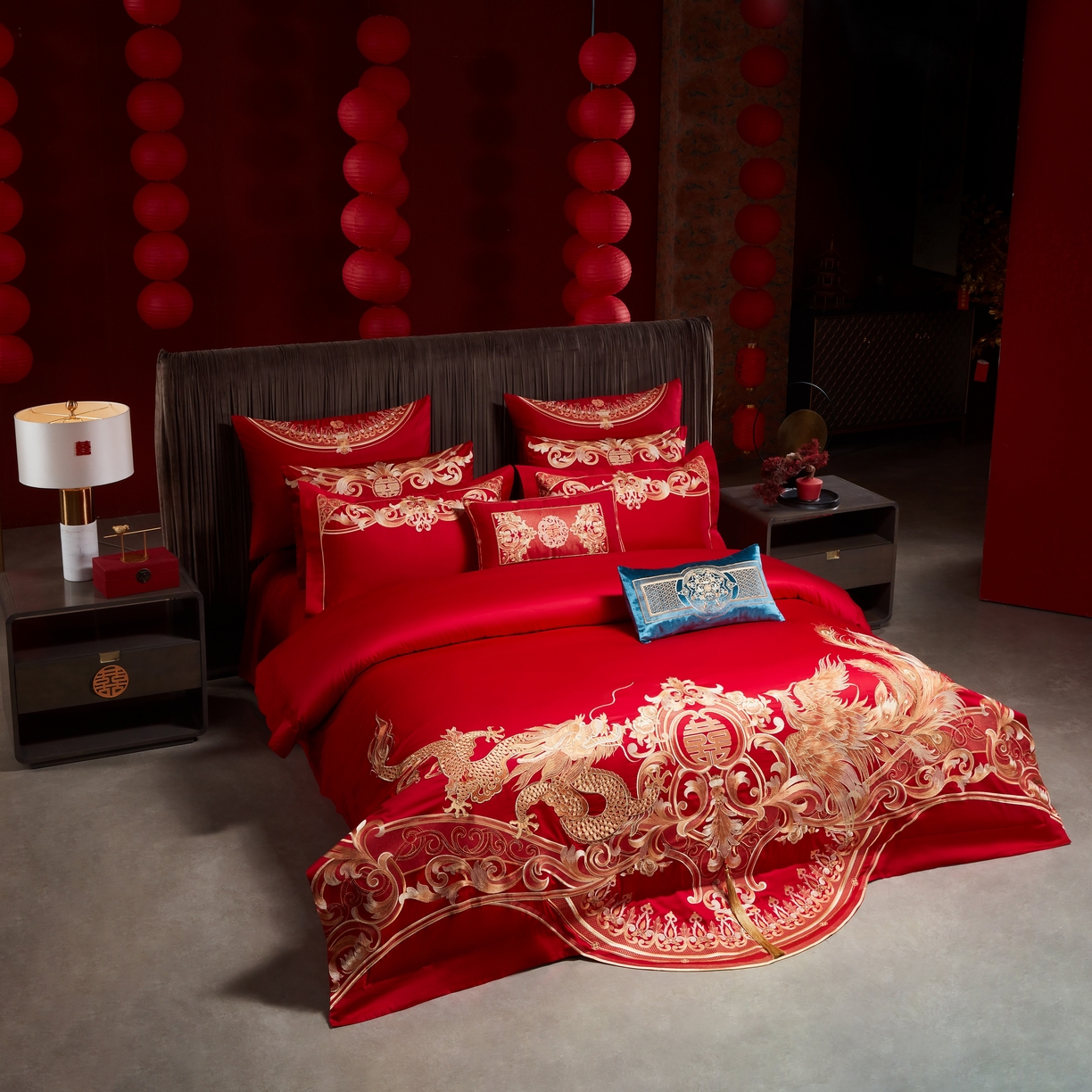 91家纺网 家纺一手货源 找家纺 用心 2025年新款长绒棉重工绣花婚庆四件套多件套 龙凤九霄