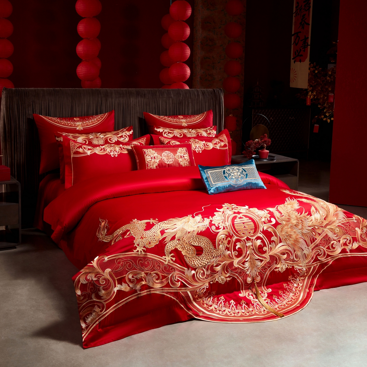 91家纺网 家纺一手货源 找家纺 用心 2025年新款长绒棉重工绣花婚庆四件套多件套 龙凤九霄