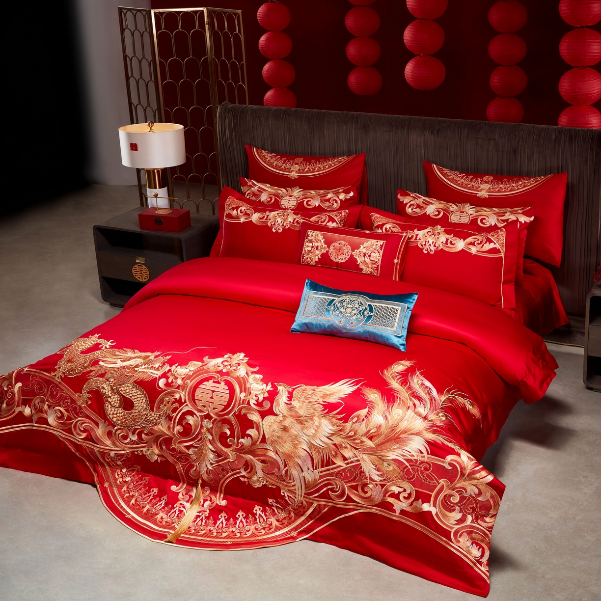 91家纺网 家纺一手货源 找家纺 用心 2025年新款长绒棉重工绣花婚庆四件套多件套 龙凤九霄