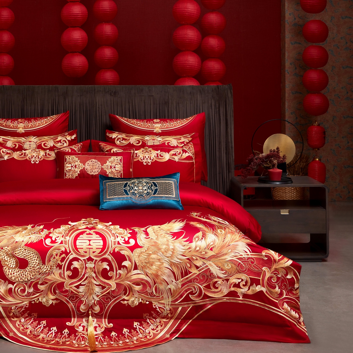 91家纺网 家纺一手货源 找家纺 用心 2025年新款长绒棉重工绣花婚庆四件套多件套 龙凤九霄