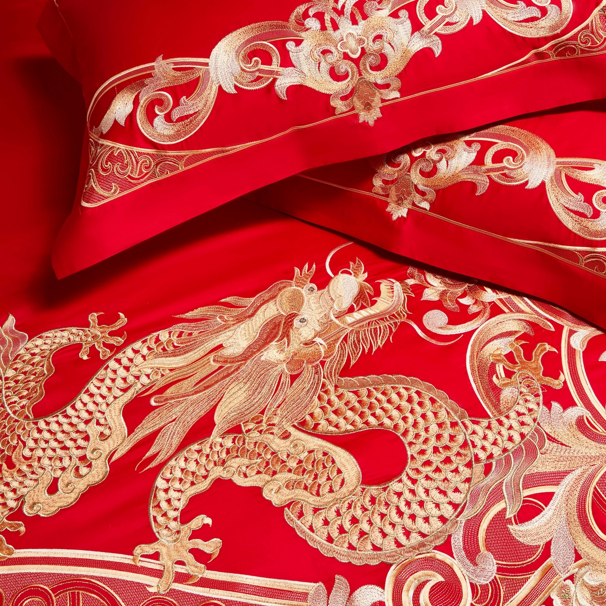 91家纺网 家纺一手货源 找家纺 用心 2025年新款长绒棉重工绣花婚庆四件套多件套 龙凤九霄