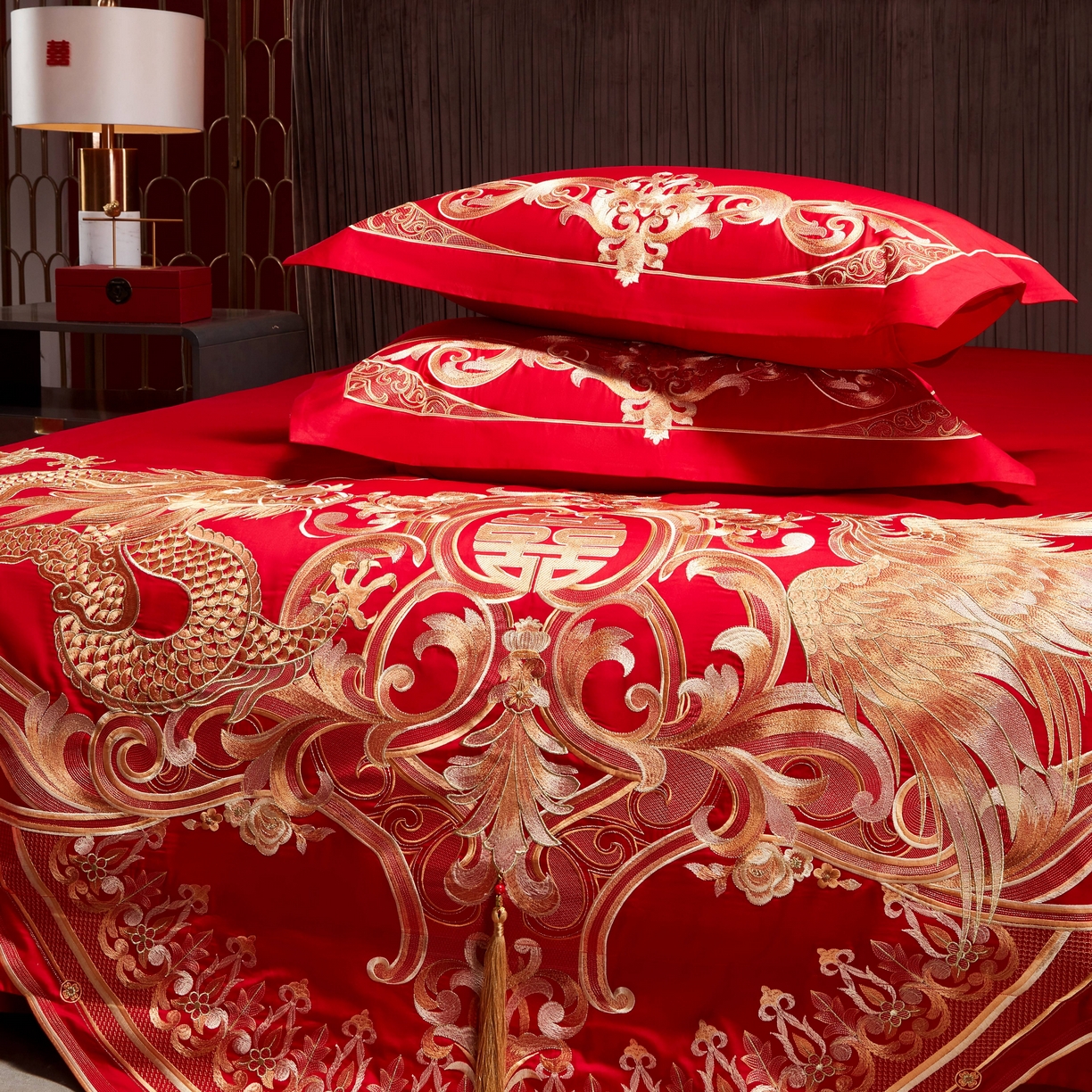 91家纺网 家纺一手货源 找家纺 用心 2025年新款长绒棉重工绣花婚庆四件套多件套 龙凤九霄