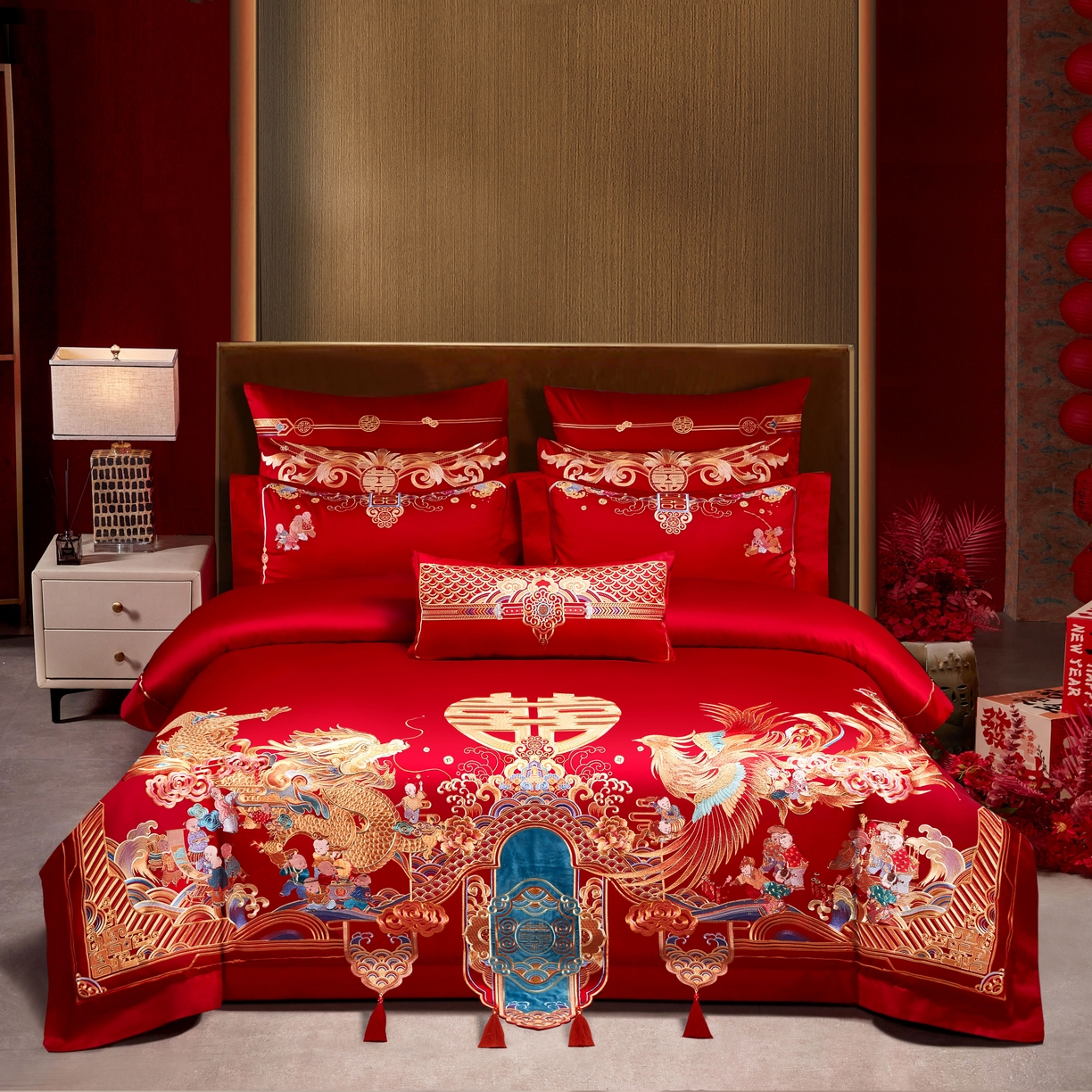 用心 2025年新款长绒棉重工绣花婚庆四件套多件套 龙凤百子