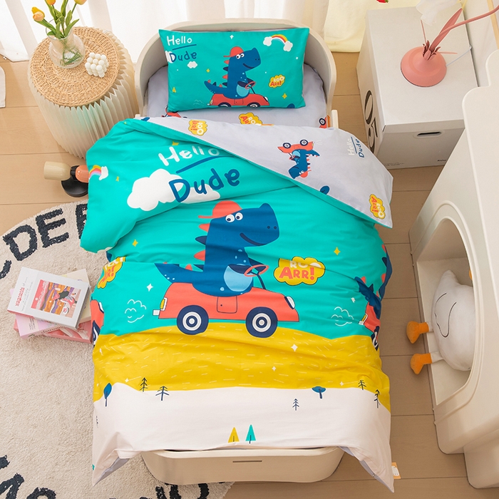 91家纺网 家纺一手货源 找家纺 嗨皮宝贝 2025新款全棉纯棉13372幼儿园三件套多件套 恐龙丹佛