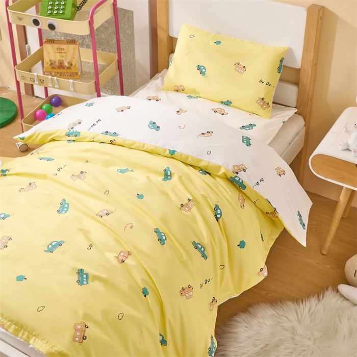 91家纺网 家纺一手货源 找家纺 嗨皮宝贝 2025新款全棉纯棉13372幼儿园三件套多件套 欢乐巴士-黄