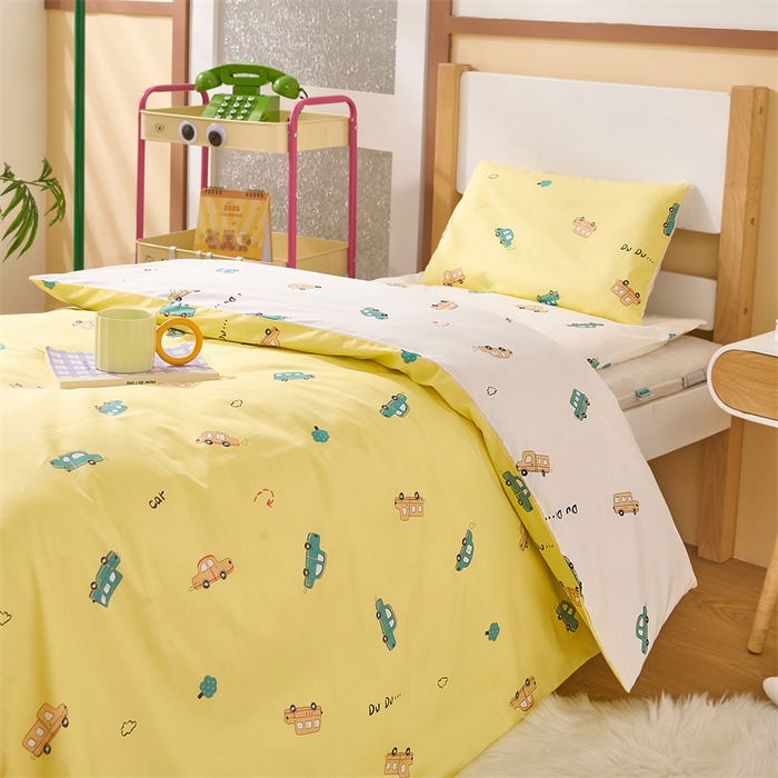 91家纺网 家纺一手货源 找家纺 嗨皮宝贝 2025新款全棉纯棉13372幼儿园三件套多件套 欢乐巴士-黄