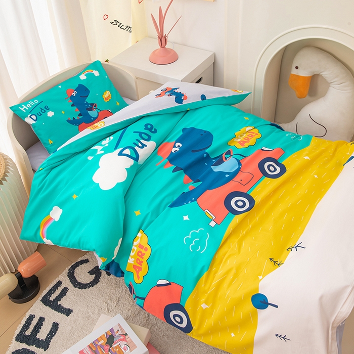 91家纺网 家纺一手货源 找家纺 嗨皮宝贝 2025新款全棉纯棉13372幼儿园三件套多件套 恐龙丹佛