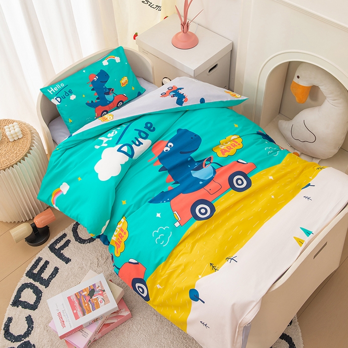 91家纺网 家纺一手货源 找家纺 嗨皮宝贝 2025新款全棉纯棉13372幼儿园三件套多件套 恐龙丹佛