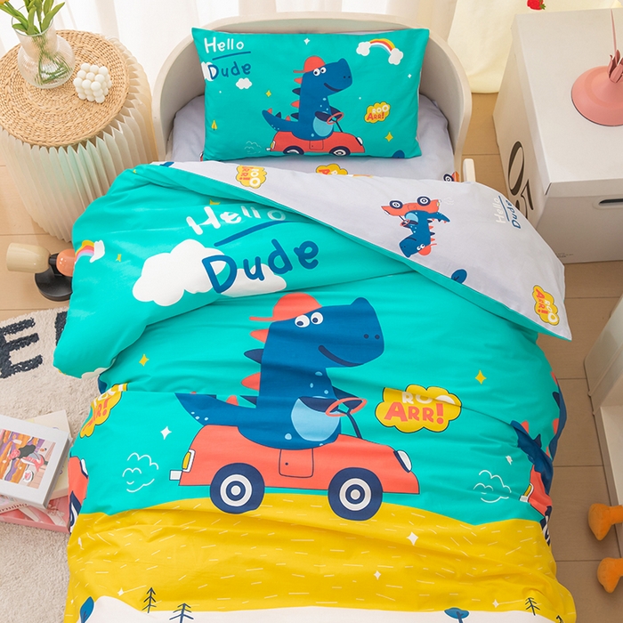 91家纺网 家纺一手货源 找家纺 嗨皮宝贝 2025新款全棉纯棉13372幼儿园三件套多件套 恐龙丹佛