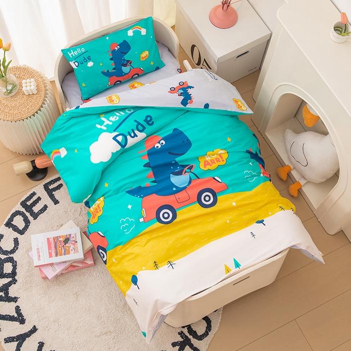 91家纺网 家纺一手货源 找家纺 嗨皮宝贝 2025新款全棉纯棉13372幼儿园三件套多件套 恐龙丹佛