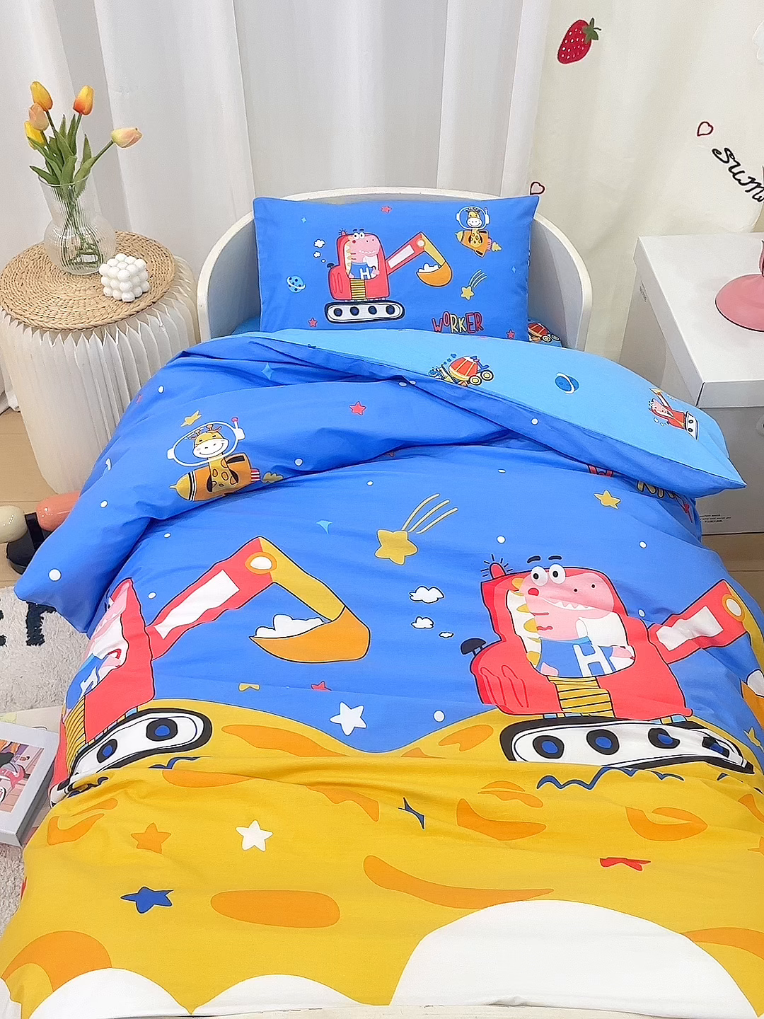 91家纺网 家纺一手货源 找家纺 嗨皮宝贝 2025新款全棉纯棉13372幼儿园三件套多件套 快乐工作龙