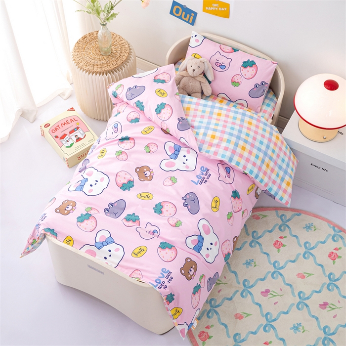 91家纺网 家纺一手货源 找家纺 嗨皮宝贝 2025新款全棉纯棉13372幼儿园三件套多件套 安妮兔-粉