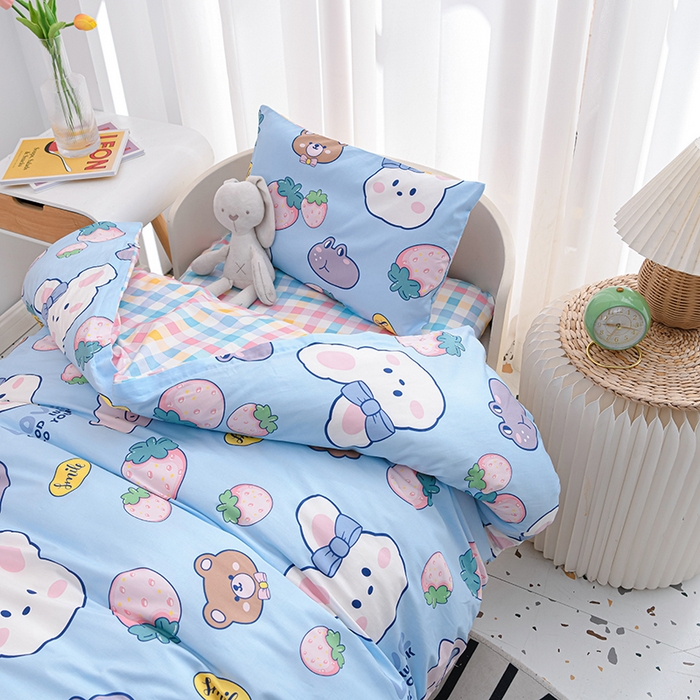 91家纺网 家纺一手货源 找家纺 嗨皮宝贝 2025新款全棉纯棉13372幼儿园三件套多件套 安妮兔-蓝