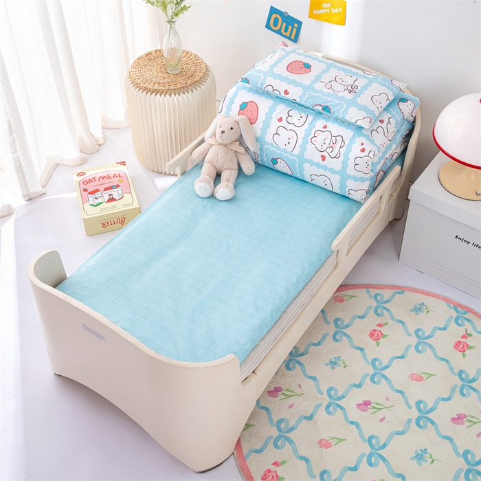 91家纺网 家纺一手货源 找家纺 嗨皮宝贝 2025新款全棉纯棉13372幼儿园三件套多件套 小兔可可-蓝