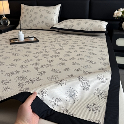 色鬼布艺2025新款赫本风黑边冰藤凉席三件套提供买家秀 小花