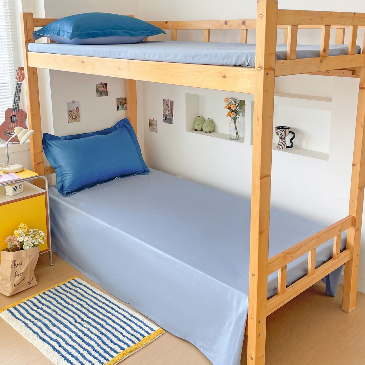 91家纺网 家纺一手货源 找家纺 恩泽家纺 2025新款全棉双拼学生宿舍三件套 宝蓝+月白兰