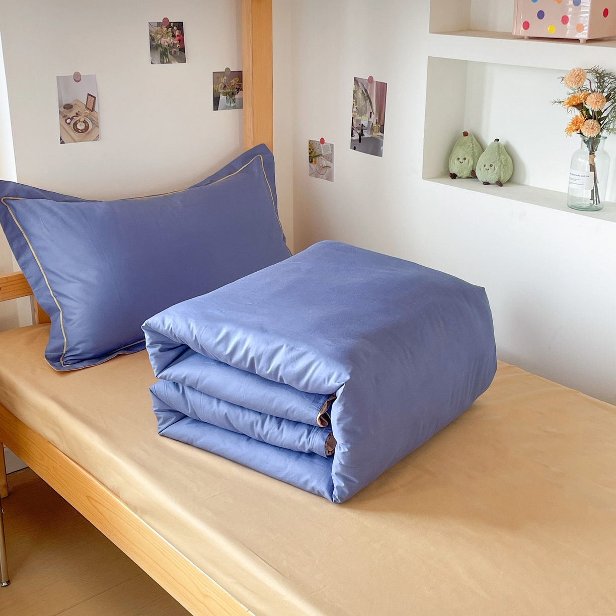 91家纺网 家纺一手货源 找家纺 恩泽家纺 2025新款全棉双拼学生宿舍三件套 藏青+卡其