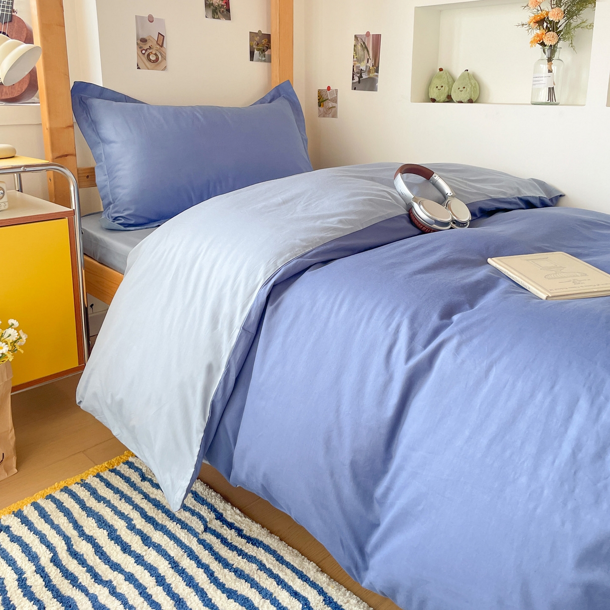 91家纺网 家纺一手货源 找家纺 恩泽家纺 2025新款全棉双拼学生宿舍三件套 藏青+月白兰