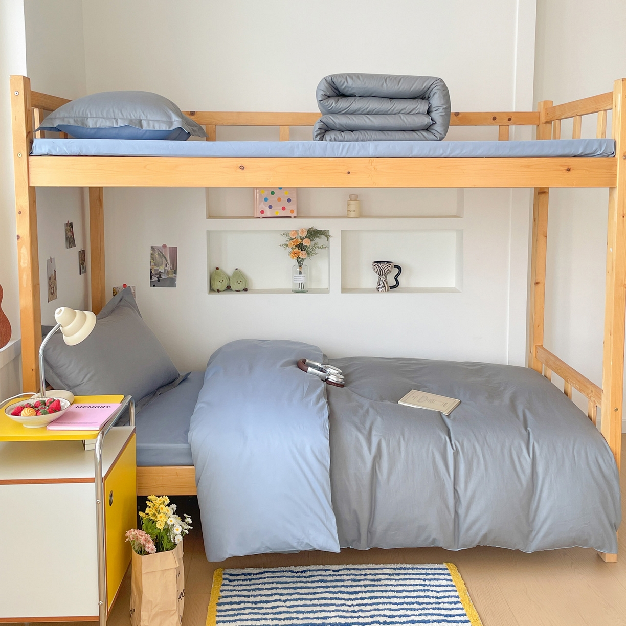 91家纺网 家纺一手货源 找家纺 恩泽家纺 2025新款全棉双拼学生宿舍三件套 深灰+月白兰