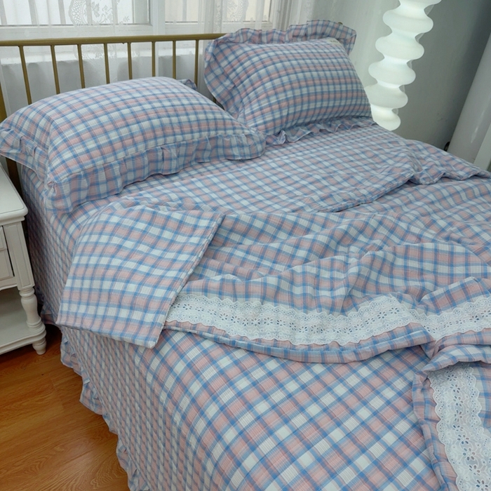 91家纺网 家纺一手货源 找家纺 暖居 2025新款全棉水洗棉床盖三件套可配同款被套同款多功能夏被四季通用 紫小格