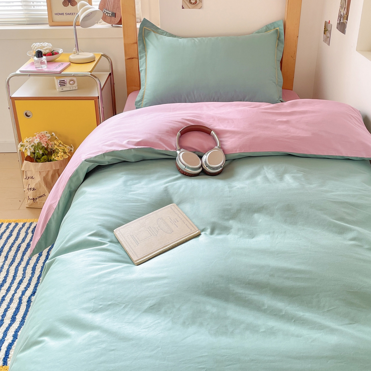 91家纺网 家纺一手货源 找家纺 恩泽家纺 2025新款全棉双拼学生宿舍三件套 灰绿+香芋紫