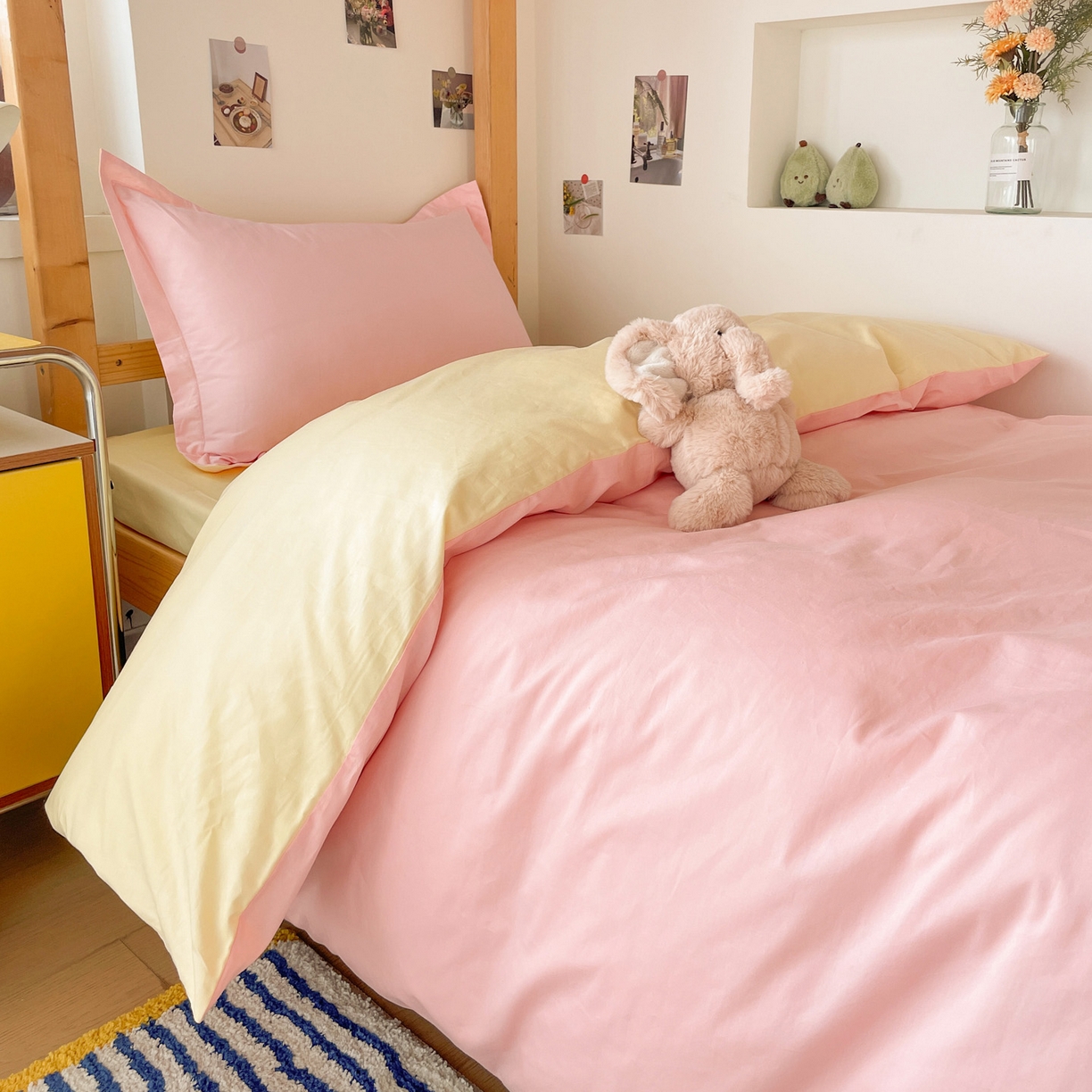 91家纺网 家纺一手货源 找家纺 恩泽家纺 2025新款全棉双拼学生宿舍三件套 玉色+鹅黄