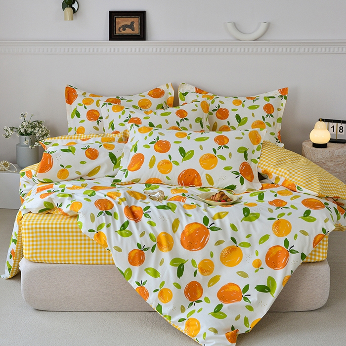 91家纺网 家纺一手货源 找家纺 登登家纺 2025新款全棉床笠四件套系列 橙意满满-带床笠