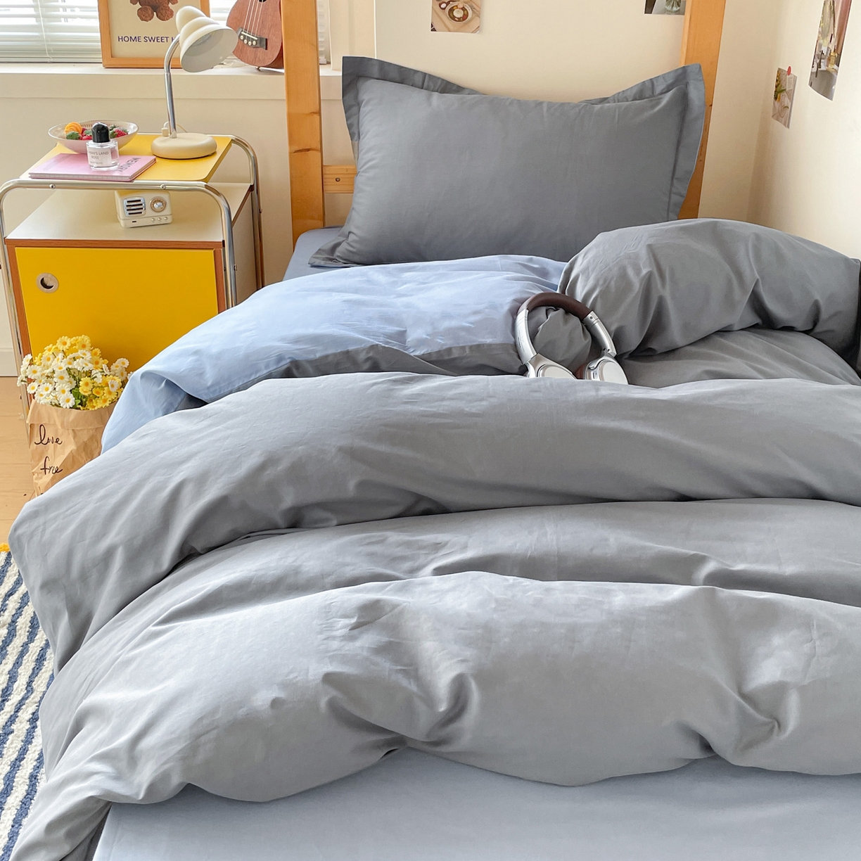 91家纺网 家纺一手货源 找家纺 恩泽家纺 2025新款全棉双拼学生宿舍三件套 深灰+月白兰