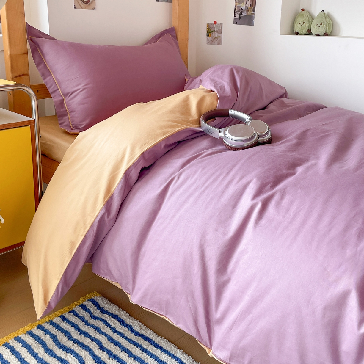 91家纺网 家纺一手货源 找家纺 恩泽家纺 2025新款全棉双拼学生宿舍三件套 灰紫+卡其