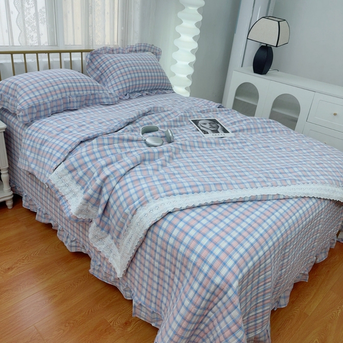 91家纺网 家纺一手货源 找家纺 暖居 2025新款全棉水洗棉床盖三件套可配同款被套同款多功能夏被四季通用 紫小格