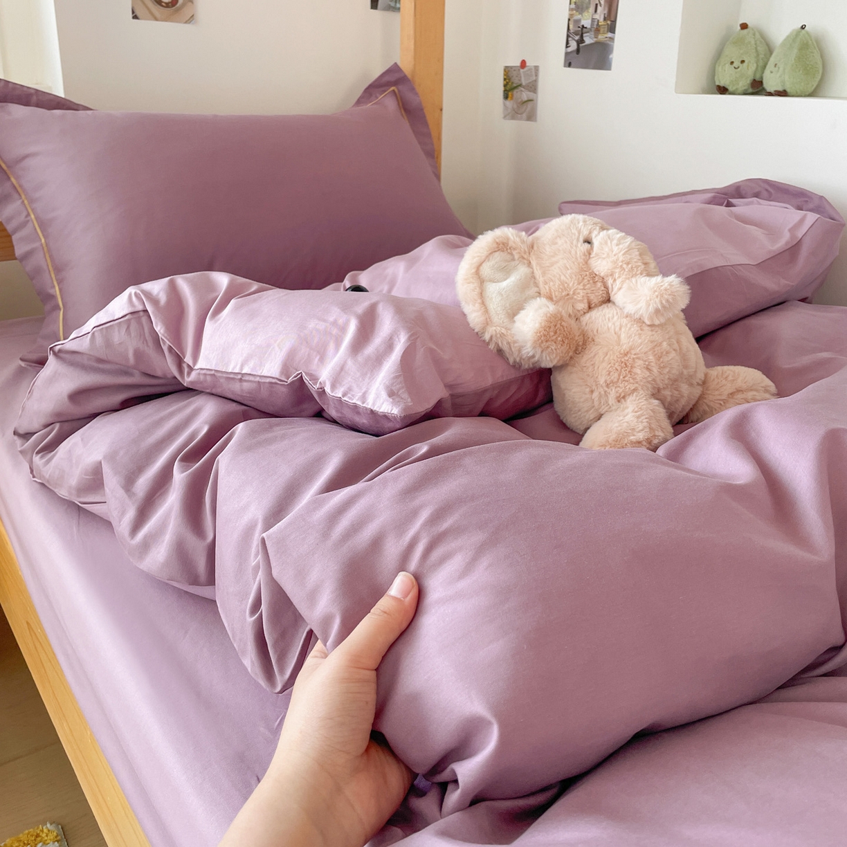 91家纺网 家纺一手货源 找家纺 恩泽家纺 2025新款全棉双拼学生宿舍三件套 灰紫+香芋紫