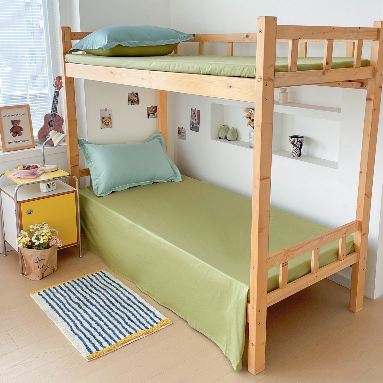 91家纺网 家纺一手货源 找家纺 恩泽家纺 2025新款全棉双拼学生宿舍三件套 灰绿+果绿