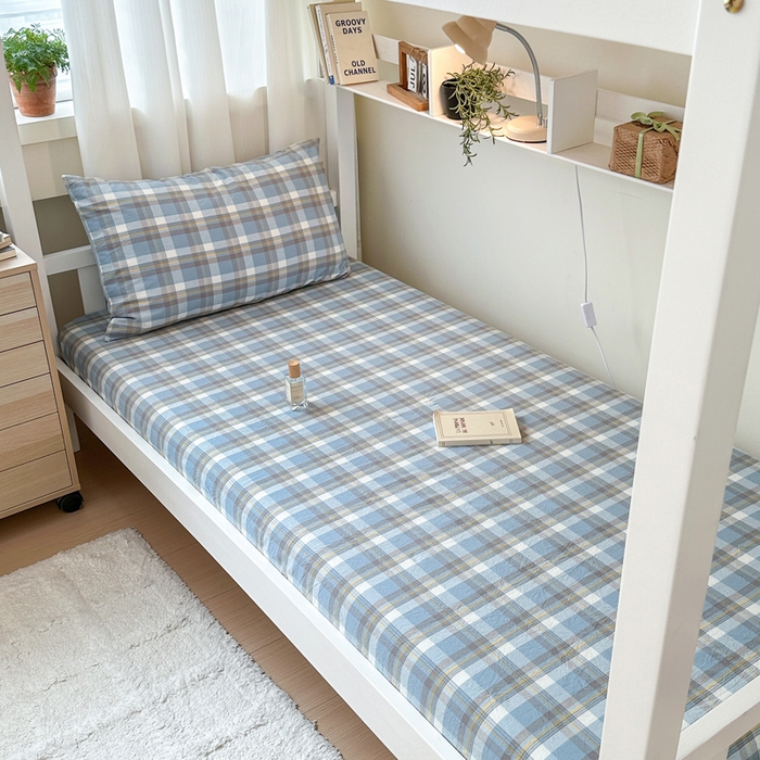 91家纺网 家纺一手货源 找家纺 玖弘家居 2025新款全棉色织水洗棉床笠系列 简兮蓝